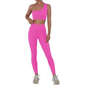 Fisoew Workout Sets for Women 2 Piece High Waisted Leggings with One Shoulder Stretchy Sports Bra Gym Tracksuits in Kuwait