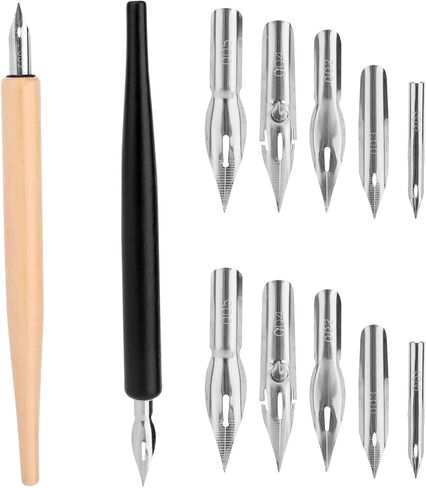 Comic Dip Pen Set with 2 Wooden Holders & 10 Stainless Steel Replacement Nibs, 5 Styles Manga Dip Pen Ink Nibs for Calligraphy Drawing Writing Sketching Signing in Saudi Arabia