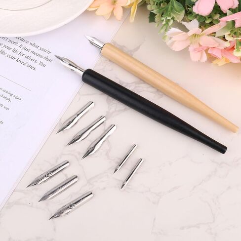 Comic Dip Pen Set with 2 Wooden Holders & 10 Stainless Steel Replacement Nibs, 5 Styles Manga Dip Pen Ink Nibs for Calligraphy Drawing Writing Sketching Signing in Saudi Arabia