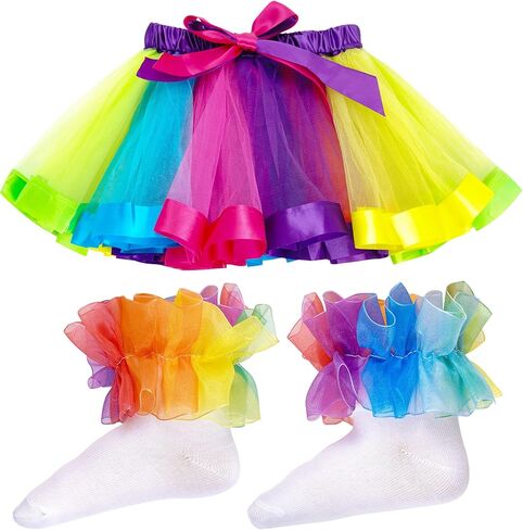choyaxo Layered Ballet Tulle Rainbow Tutu Skirt with Rainbow Socks for Little Girls Dress Up (Multi, Large) in Saudi Arabia
