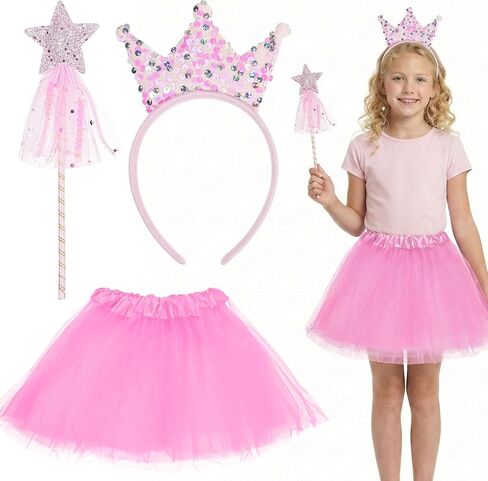 3 Piece Princess Costume Set - Tutu Tulle Skirt, Crown Headband & Star Wand - Sparkle Fairy Fancy Dress Accessories in Saudi Arabia