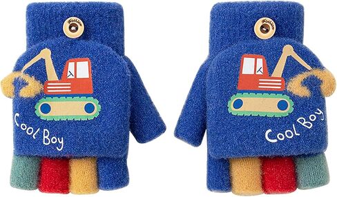 PURFUN Toddler Boys Cartoon Excavator Rocket Half Finger Gloves with Flip Top, Baby Boy Winter Warm Knitted Gloves for 1-3Yrs in Saudi Arabia