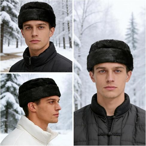 قبعة SIQITECHNO للرجال للشتاء من فرو المنك الصناعي على طراز Ushanka Cossack الروسي، قبعة تروبر دافئة للأب في الهواء الطلق، قبعة للصيد على الجليد باللون الأسود in Kuwait