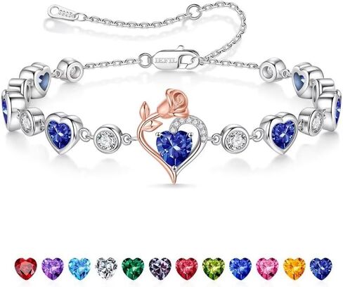 Iefil Birthstone Bracelets for Women - 925 Sterling Silver Rose Heart Charm Bracelets, Anniversary Birthday Gifts for Women Wife Mom Girlfriend Daughter, 6"+2" in Saudi Arabia