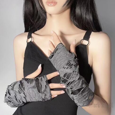 Ripped & Distressed Trendy Gloves Gray - Polyester Fingerless Gloves, Streetwear Style Grunge Design for Men and Women, Unisex Fashion Accessories in Saudi Arabia