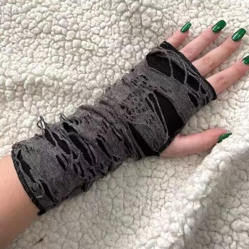 Ripped & Distressed Trendy Gloves Gray - Polyester Fingerless Gloves, Streetwear Style Grunge Design for Men and Women, Unisex Fashion Accessories in Saudi Arabia