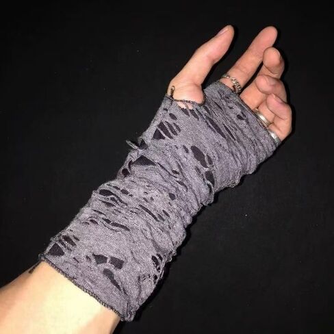 Ripped & Distressed Trendy Gloves Gray - Polyester Fingerless Gloves, Streetwear Style Grunge Design for Men and Women, Unisex Fashion Accessories in Saudi Arabia