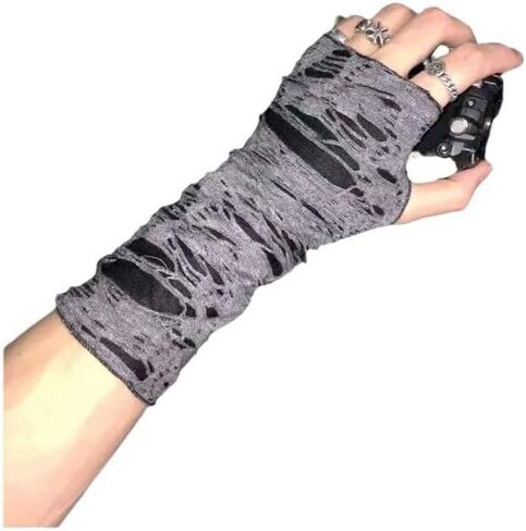 Ripped & Distressed Trendy Gloves Gray - Polyester Fingerless Gloves, Streetwear Style Grunge Design for Men and Women, Unisex Fashion Accessories in Saudi Arabia