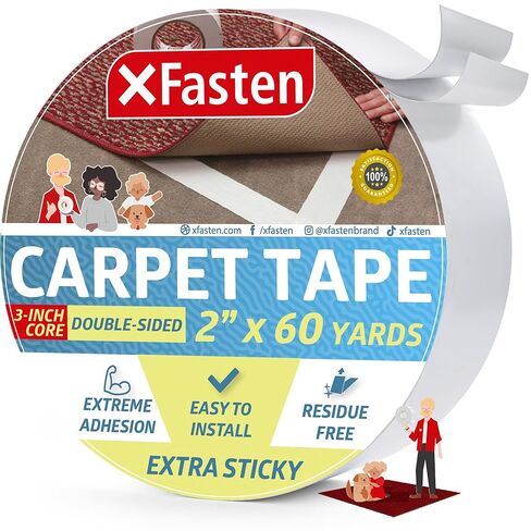 شريط سجاد لاصق إضافي من XFasten - شريط سجاد داخلي وخارجي بطول 2 بوصة × 10 ياردات وأرضيات من الخشب الصلب وطبقات سفلية للأرضيات، شريط للسجاد للبقاء في مكانه، سهل التركيب ومقبض شريط سجاد مزدوج الجوانب in Kuwait