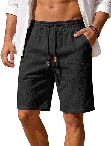 Men's Cotton Linen Shorts Casual Elastic Waist Drawstring Summer Beach Vacation Shorts with Pockets in Kuwait