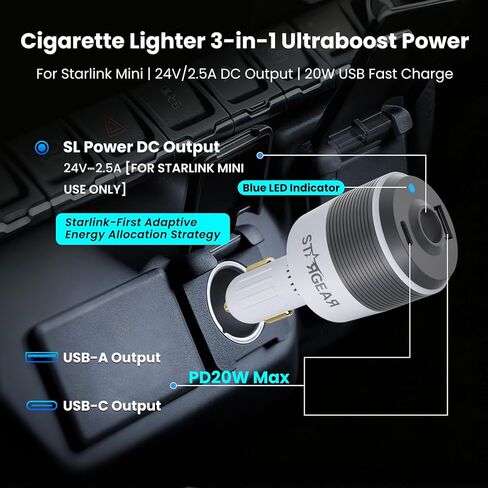 محول سيارة Starlink Mini، شاحن سيارة 3 في 1 لـ Starlink Mini، محول تصعيد 12 فولت إلى 24 فولت تيار مستمر مع منافذ USB مزدوجة، محول ولاعة سجائر لإمدادات الطاقة Starlink Mini، مثالي للمركبات الترفيهية والقوارب والمقطورة in Saudi Arabia