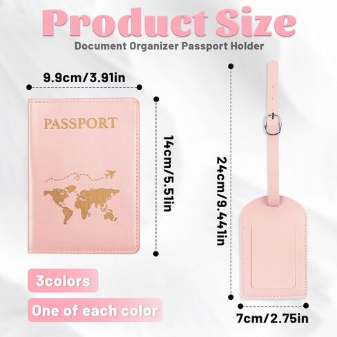 3 Pcs Passport Holder and 3 Pcs Luggage Tag Set, PU Leather Passport Cover for Travel, Luggage Tag for Suitcases, Suitable for Vacation, Business Trip, Study Abroad (3 Colors) in Saudi Arabia