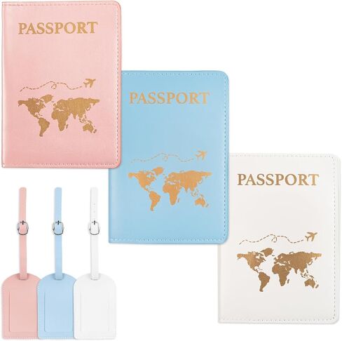 3 Pcs Passport Holder and 3 Pcs Luggage Tag Set, PU Leather Passport Cover for Travel, Luggage Tag for Suitcases, Suitable for Vacation, Business Trip, Study Abroad (3 Colors) in Saudi Arabia