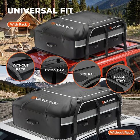 حقيبة سقف السيارة 21 قدم مكعب، حقيبة شحن مقاومة للماء على السطح للسيارات وسيارات الدفع الرباعي والشاحنات الصغيرة، بولي كلوريد الفينيل عالي التحمل 840D، ملاءمة عالمية مع أو بدون رف السقف - حصيرة مضادة للانزلاق، قفل مركب، 6 خطافات للأبواب، 4 أشرطة إضافية in Kuwait