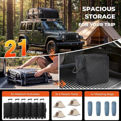 حقيبة سقف السيارة 21 قدم مكعب، حقيبة شحن مقاومة للماء على السطح للسيارات وسيارات الدفع الرباعي والشاحنات الصغيرة، بولي كلوريد الفينيل عالي التحمل 840D، ملاءمة عالمية مع أو بدون رف السقف - حصيرة مضادة للانزلاق، قفل مركب، 6 خطافات للأبواب، 4 أشرطة إضافية in Kuwait