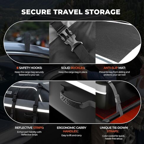 حقيبة سقف السيارة 21 قدم مكعب، حقيبة شحن مقاومة للماء على السطح للسيارات وسيارات الدفع الرباعي والشاحنات الصغيرة، بولي كلوريد الفينيل عالي التحمل 840D، ملاءمة عالمية مع أو بدون رف السقف - حصيرة مضادة للانزلاق، قفل مركب، 6 خطافات للأبواب، 4 أشرطة إضافية in Kuwait