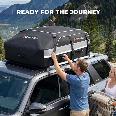 حقيبة سقف السيارة 21 قدم مكعب، حقيبة شحن مقاومة للماء على السطح للسيارات وسيارات الدفع الرباعي والشاحنات الصغيرة، بولي كلوريد الفينيل عالي التحمل 840D، ملاءمة عالمية مع أو بدون رف السقف - حصيرة مضادة للانزلاق، قفل مركب، 6 خطافات للأبواب، 4 أشرطة إضافية in Kuwait