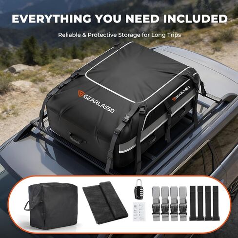 حقيبة سقف السيارة 21 قدم مكعب، حقيبة شحن مقاومة للماء على السطح للسيارات وسيارات الدفع الرباعي والشاحنات الصغيرة، بولي كلوريد الفينيل عالي التحمل 840D، ملاءمة عالمية مع أو بدون رف السقف - حصيرة مضادة للانزلاق، قفل مركب، 6 خطافات للأبواب، 4 أشرطة إضافية in Kuwait