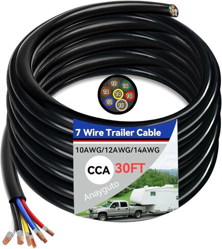 كابل مقطورة 30 قدم للخدمة الشاقة 7 أسلاك CCA 14/12/10 AWG سلك مقطورة متعدد المقاييس معزول بالنحاس المغطى بالألومنيوم 7 اتجاهات لشاحنة التخييم RV - لفة 30 قدم in Kuwait