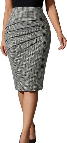 Women's Plus Size Plaid Ruched Pencil Skirt Old Money Button High Waisted Bodycon Midi Work Office Skirts in Saudi Arabia