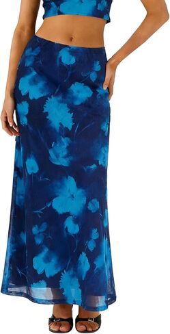 BLENCOT Womens Long Mesh Skirts Summer Boho Printed High Waisted A-Line Flowy Maxi Skirt for Beach Vacation in Kuwait