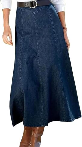 Women's High Waist Denim Maxi Skirt, A-Line Long Jean Skirt with Pockets, Classic Stretch Casual Skirt in Saudi Arabia