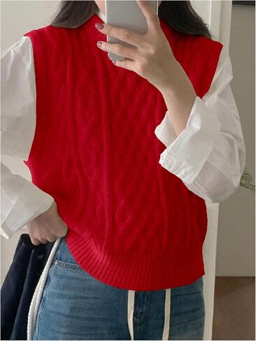 Verdusa Women's Cable Knit Sweater Vest Sleeveless Tops Festival Nye Outfits Preppy Clothes in Saudi Arabia