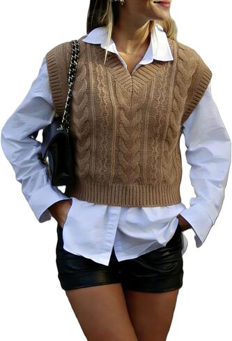 Women's Cable Knit V Neck Sweater Vest Cashmere and Silk Blend Sleeveless Wool Pullover Tops in Saudi Arabia
