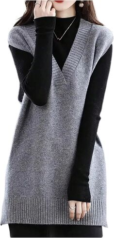 WDIRARA Women's Long Sweater Vest V Neck Sleeveless Pullover Knitted Tops in Saudi Arabia