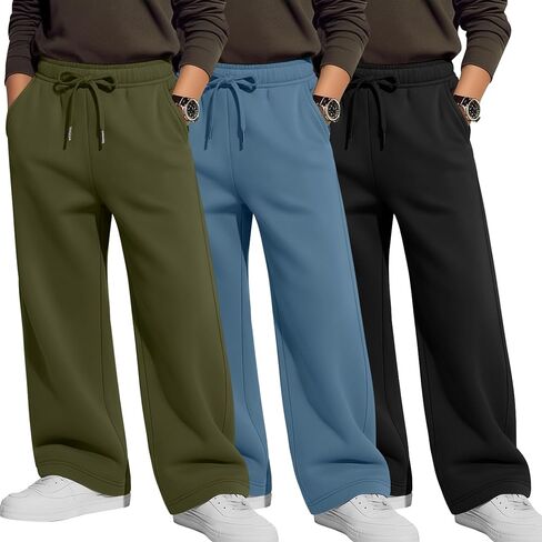 3 Pack Boys’ Wide Leg Sweatpants Drawstring Elastic Waist Baggy Pants Casual Athletic Joggers with Pockets in Saudi Arabia