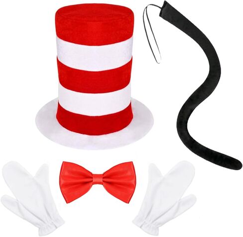 4 Pcs Cat Costume Accessories Set Include Red White Striped Top Hat Red Bow Tie Long Black Tail Gloves for Book Week Day Theme Party Dress Up in Saudi Arabia