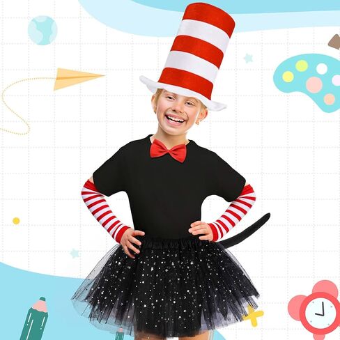 4 Pcs Cat Costume Accessories Set Include Red White Striped Top Hat Red Bow Tie Long Black Tail Gloves for Book Week Day Theme Party Dress Up in Saudi Arabia