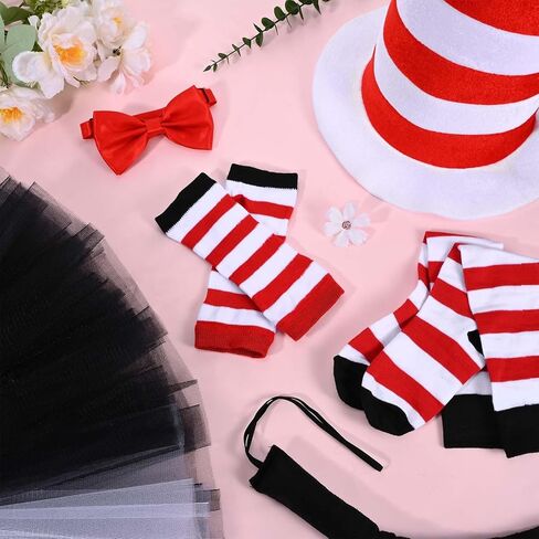 4 Pcs Cat Costume Accessories Set Include Red White Striped Top Hat Red Bow Tie Long Black Tail Gloves for Book Week Day Theme Party Dress Up in Saudi Arabia