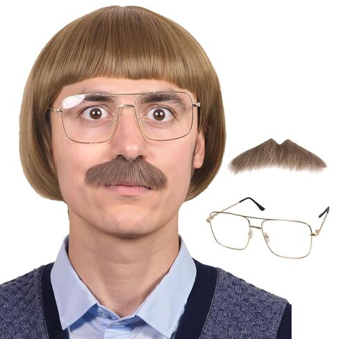 FantaLook Short Straight 60 70s Bowl Cut Funny Wig with Glasses and Mustache for Men Crazy Mushroom Cosplay Wig for Halloween (Light Brown) in Saudi Arabia