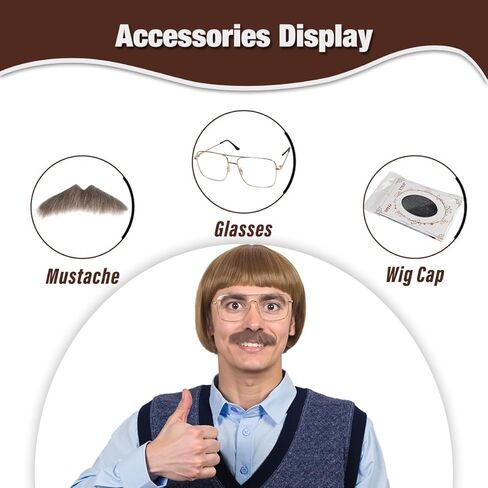FantaLook Short Straight 60 70s Bowl Cut Funny Wig with Glasses and Mustache for Men Crazy Mushroom Cosplay Wig for Halloween (Light Brown) in Saudi Arabia