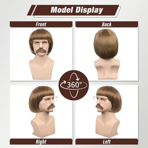 FantaLook Short Straight 60 70s Bowl Cut Funny Wig with Glasses and Mustache for Men Crazy Mushroom Cosplay Wig for Halloween (Light Brown) in Saudi Arabia