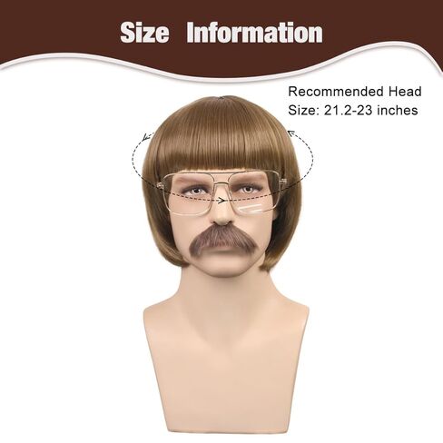 FantaLook Short Straight 60 70s Bowl Cut Funny Wig with Glasses and Mustache for Men Crazy Mushroom Cosplay Wig for Halloween (Light Brown) in Saudi Arabia