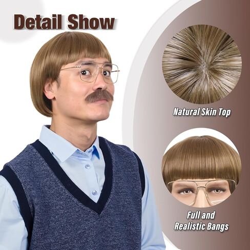FantaLook Short Straight 60 70s Bowl Cut Funny Wig with Glasses and Mustache for Men Crazy Mushroom Cosplay Wig for Halloween (Light Brown) in Saudi Arabia