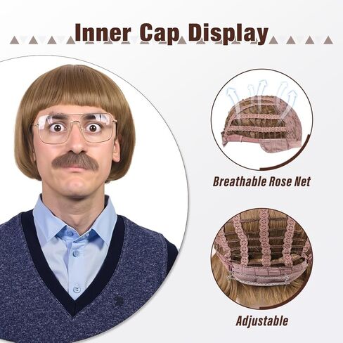 FantaLook Short Straight 60 70s Bowl Cut Funny Wig with Glasses and Mustache for Men Crazy Mushroom Cosplay Wig for Halloween (Light Brown) in Saudi Arabia