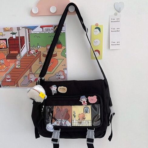 حقيبة Kawaii Crossbody Ita للنساء مع دبوس وبطريق قطيفة، حقيبة ساعي لطيفة حقيبة كروس يابانية Y2K in Kuwait