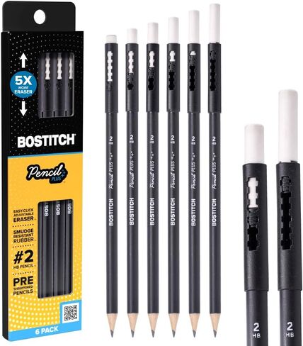 Bostitch, قلم رصاص بغطاء خشبي، ممحاة قابلة للسحب، خشب الأرز الأمريكي، #2 HB، مستدير، أسود غير لامع، مبري مسبقًا، ستة عبوات in Kuwait