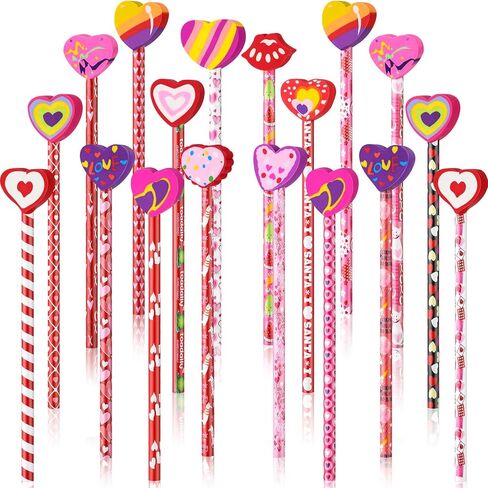 Zonon 36 Pieces Valentines Pencils with Heart Shape Erasers Toppers Decorated Colorful Pencils Erasers Heart Stationary Set for Valentine Office School Supplies Students Presents in Saudi Arabia