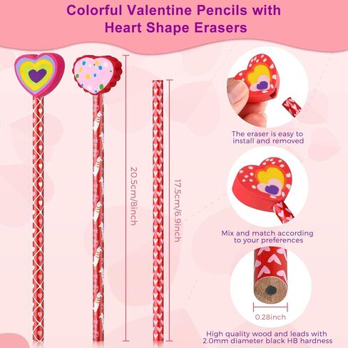 Zonon 36 Pieces Valentines Pencils with Heart Shape Erasers Toppers Decorated Colorful Pencils Erasers Heart Stationary Set for Valentine Office School Supplies Students Presents in Saudi Arabia