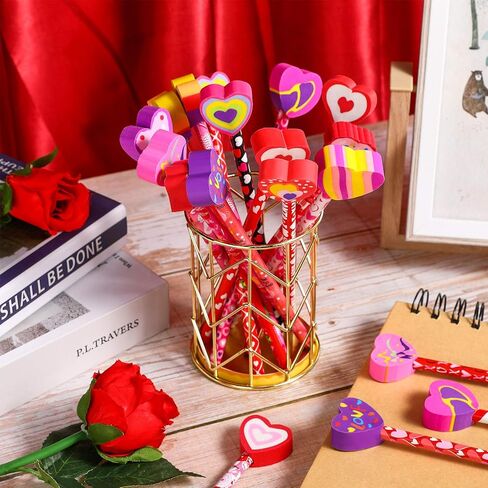 Zonon 36 Pieces Valentines Pencils with Heart Shape Erasers Toppers Decorated Colorful Pencils Erasers Heart Stationary Set for Valentine Office School Supplies Students Presents in Saudi Arabia
