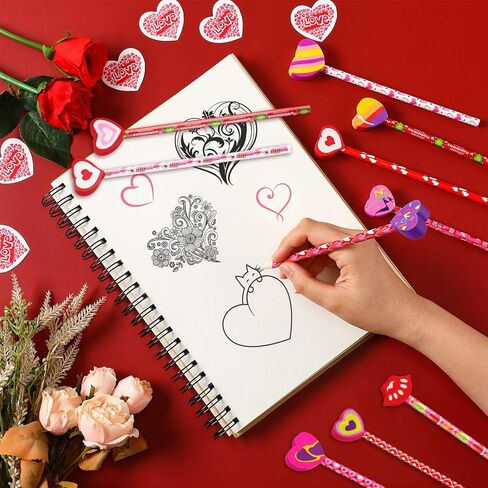 Zonon 36 Pieces Valentines Pencils with Heart Shape Erasers Toppers Decorated Colorful Pencils Erasers Heart Stationary Set for Valentine Office School Supplies Students Presents in Saudi Arabia