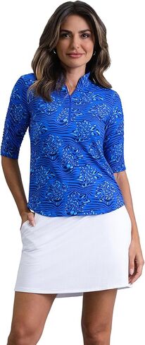 IBKUL Athleisure Wear Sun Protective UPF 50+ Icefil Cooling-Yun Ruched Elbow Sleeve Mandarin Collar Top in Saudi Arabia