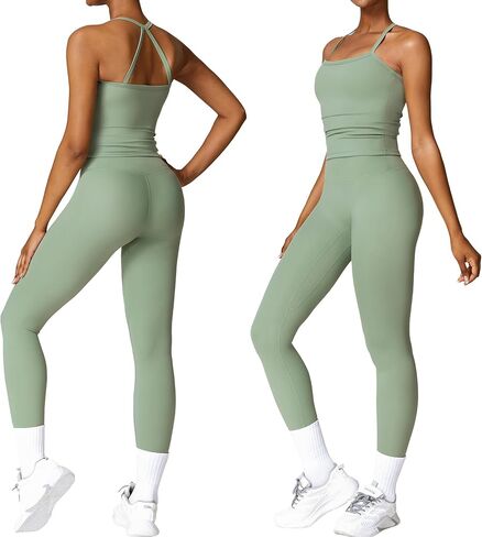 Women 2 Piece Workout Sets (2025 NEW) Yoga Outfit Open Back Tank Top High Waisted Leggings Gym Sets Tracksuits in Saudi Arabia