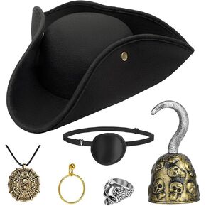 6Pcs Pirate Hat,Pirate Costume Accessories Men With Eye Patch Earring Skull Necklace Silver Ring Hook,Halloween Cosplay Party in Saudi Arabia