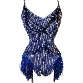 Youmeisha Sexy Blue Rhinestone Fringe Slip Bodysuit Women Birthday Party Stage Singer Performance Outfits Team Dance Costumes in Saudi Arabia