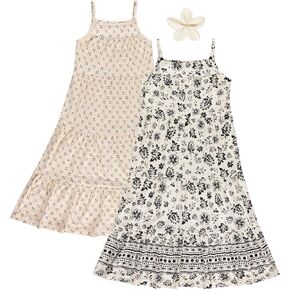 BTween Girls Maxi Dresses 2 Pack Sleeveless Floral Tiered Summer Dresses, Lightweight Soft Fabric, Casual Spring in Kuwait